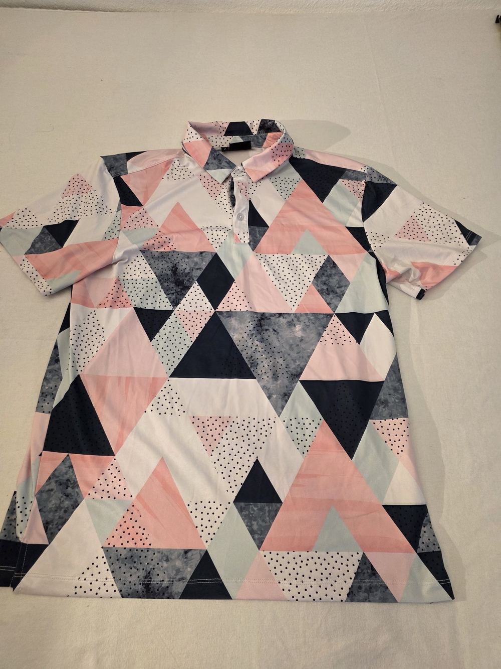 Yatta Golf Geometric Triangle Print Polo in Pink, Navy & Mint. Size Medium